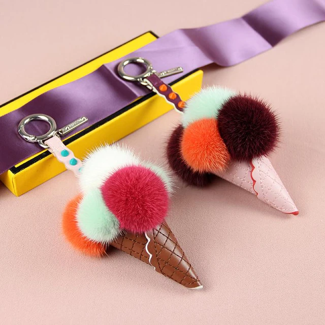 Fur Pom Pom Keychain Bag Charm, Fur Ice Cream Key-chain