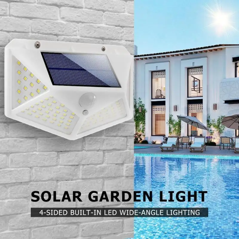2pcs 100LED Motion Sensor Solar Powered Waterproof Wall Light Four-sided Solar Yard Lamp for Garden Yard Path Decoration