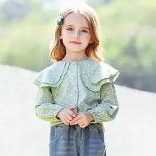 Новая рубашка в горошек для девочек, модная весенняя блузка из хлопка для девочек 2-7 лет, HJ303