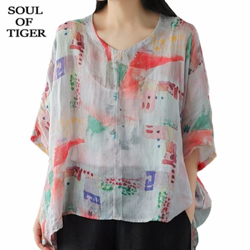 

SOUL OF TIGER New 2020 Summer Chinese Fashion Style Ladies Loose Tops Womens Vintage Printed Shirts Female Casual Linen Blouses