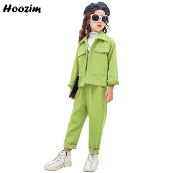 

Spring High Street Girls Clothing Set 4-12 Years Chic Green Princess Jacket+Solid Pants Set Child Nice Minimalist Suit For Girls