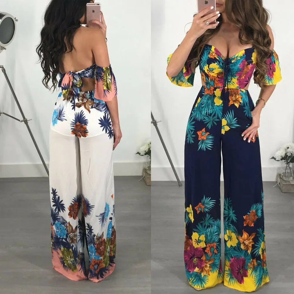 

New Brand Women Sexy Off Shoulder Bandage Clubwear Jumpsuit Playsuit Fashion Short Sleeve Party Floral Print Rompers Clothes