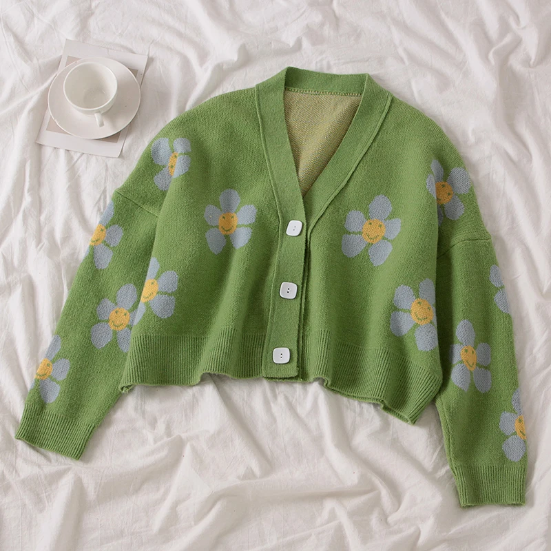 Ordifree Autumn Winter Women Knitted Cardigan Floral Print Vintage Cute Ladies Christmas Sweater Cardigan Jumper Pull - Цвет: Green