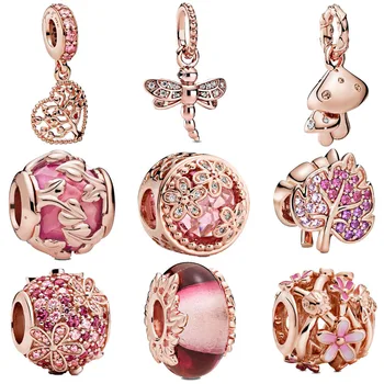 

2020 Rose Gold 925 Sterling Silver charms Sparkling Leaf Flower Dangle Charms fit Original Pandora Bracelets Women DIY Jewelry