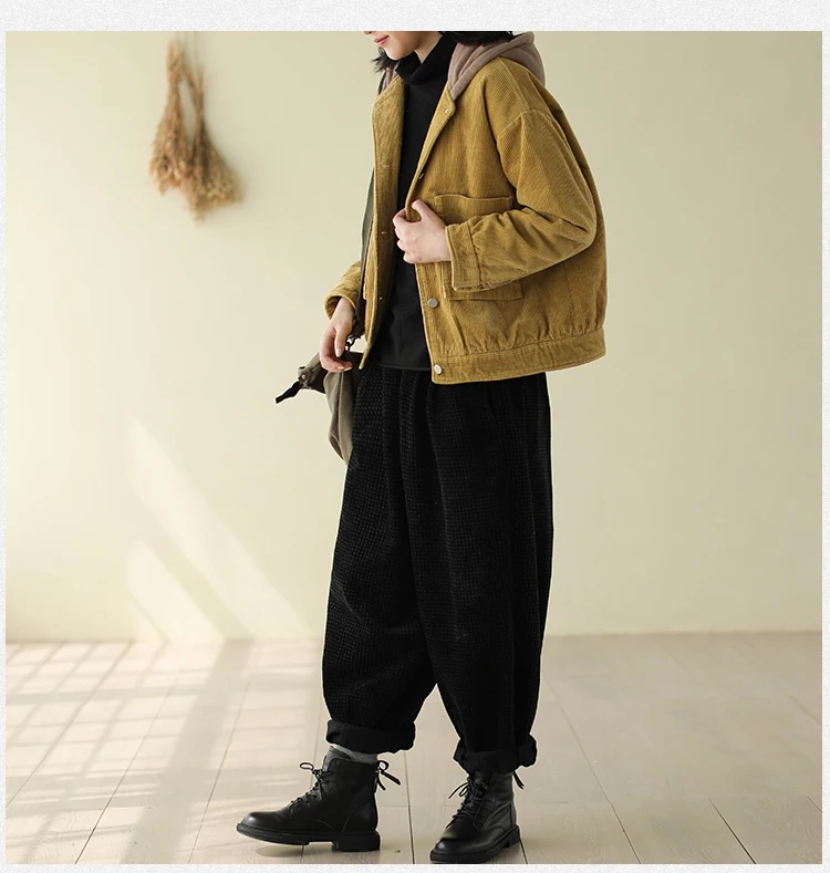 Winter jackets Women Retro Loose Thicker Corduroy Warm Coat New Hooded Button pocket Casual All-match jackets