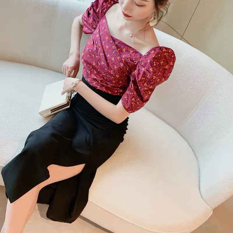 

New Arrival Fashion Sets Women Summer Elegant Vintage Red Wine Print Office Lady Puff Sleeve Tops And Pencil Skirt 2 Piece Sets