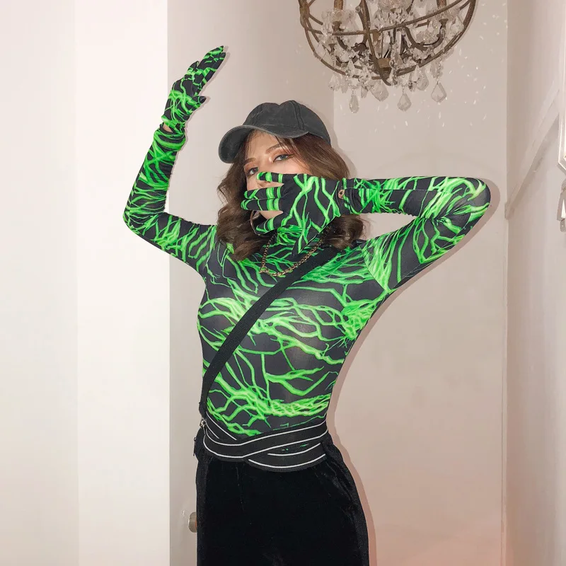 Shestyle Neon Lightning Print Gloves Bodysuit Women Long Sleeve Autumn Winter Sexy Lady Body Suit Green Halloween Clothes