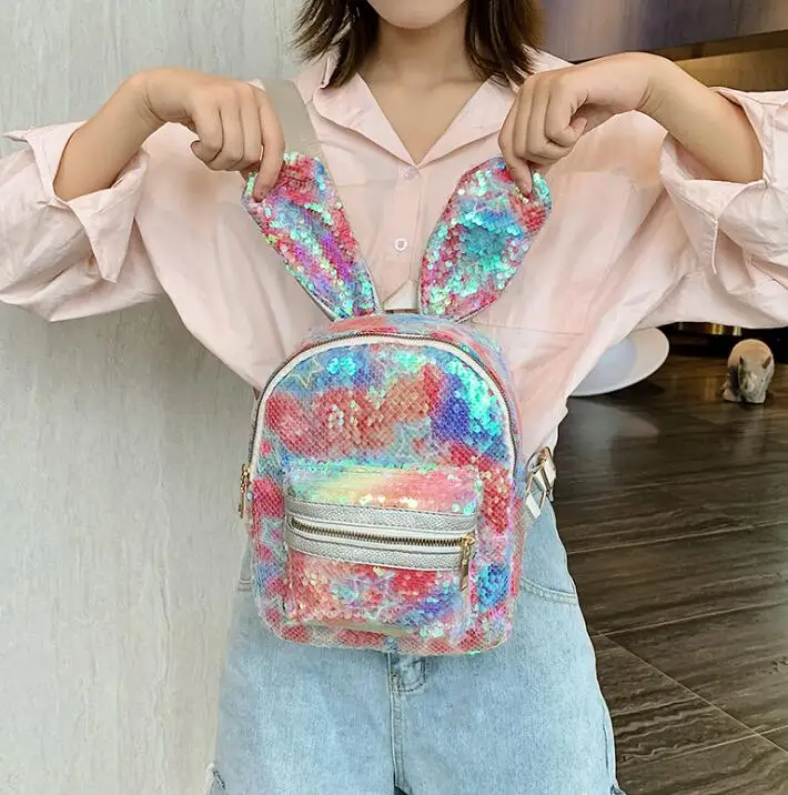 same as picture Женский кролик украшение для ушей рюкзаки для девочек модная шикарная женская школьная сумка панельные уличные блестки Наплечные рюкзаки - Цвет: same as picture