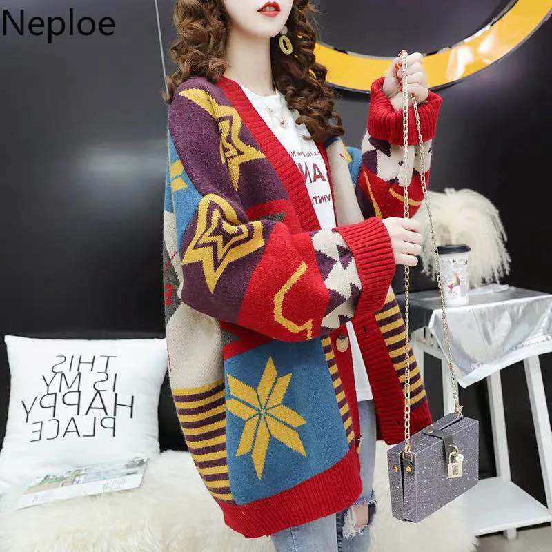 Neploe небольшой свежий свитер кардиганы женские корейские свободные V шеи патч Sueter Mujer Invierno осеннее пальто с принтом 46172