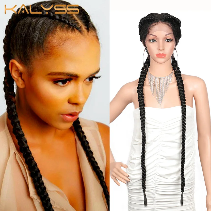 Photo Product Kalyss 36 Inches  Extra Long 360 Lace Braided Wigs Lace Front Dutch Twins Synthetic Braids Wig for Black Women with Baby Hair