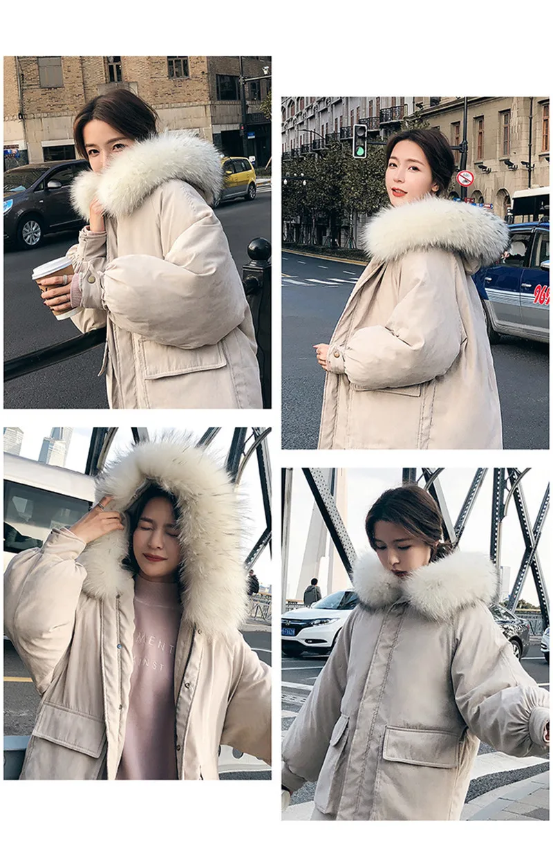 Hooded Fur Collar Fashion Winter Women Jacket Loose Cotton-Padded Coat Medium-Long Female Snow Wear With Large Pockets M075