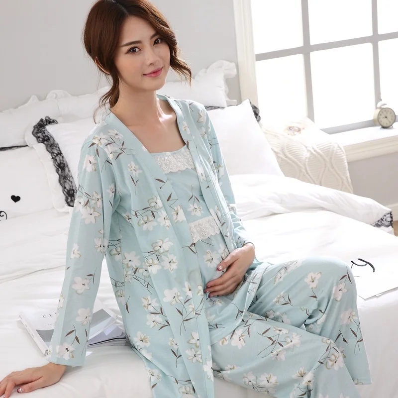 

OllyMurs 3 Set Floral Print Cotton Maternity Nursing Nightwear Summer Autumn Sleepwear for Pregnant Women Pregnancy Pajamas