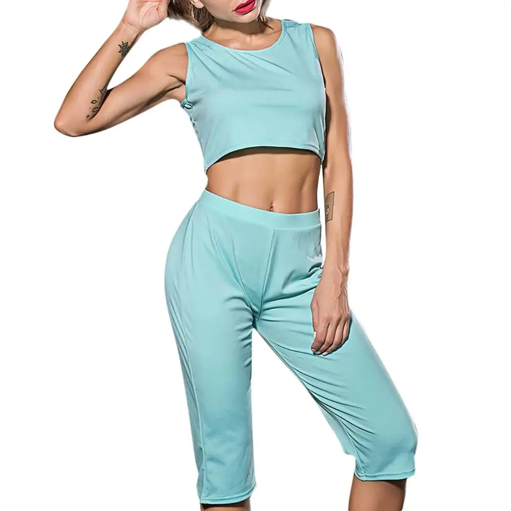 Light blue Женский комплект для йоги, открытый спортивный жилет, Шорты, модный женский однотонный жилет для йоги, спортивный фитнес-комплект, эластичные Топы+ штаны, лето-осень - Цвет: Light blue