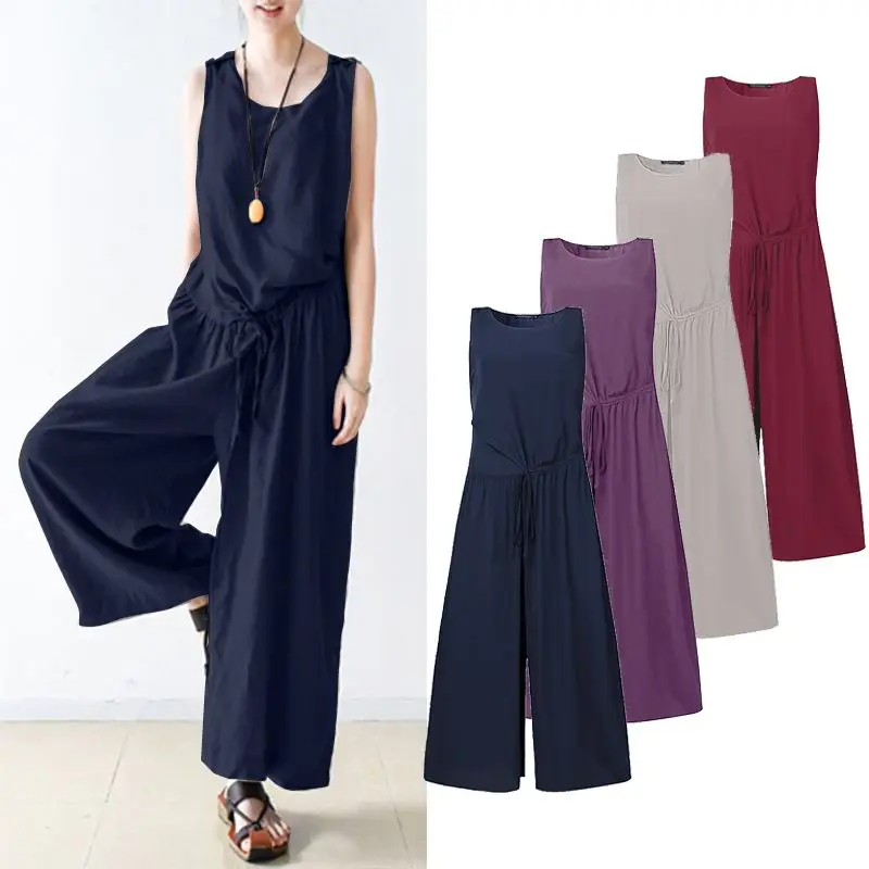 Plus Size Women's Wide Leg Jumpsuits ZANZEA Elegant Solid Tank Overall Casual Pantalon Summer Female O Neck Rompers Playsuits