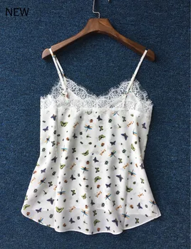 

100% Silk Women Butterfly Dragonfly Insect Print Sexy Lace Top 2020 new