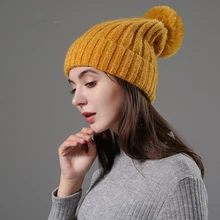 [Rancyword] Новинка, шапка для женщин и девочек, сохраняющая тепло, зимние шапки для женщин, вязаные шапки с меховым помпоном, шерстяная шапка с помпоном RC2082