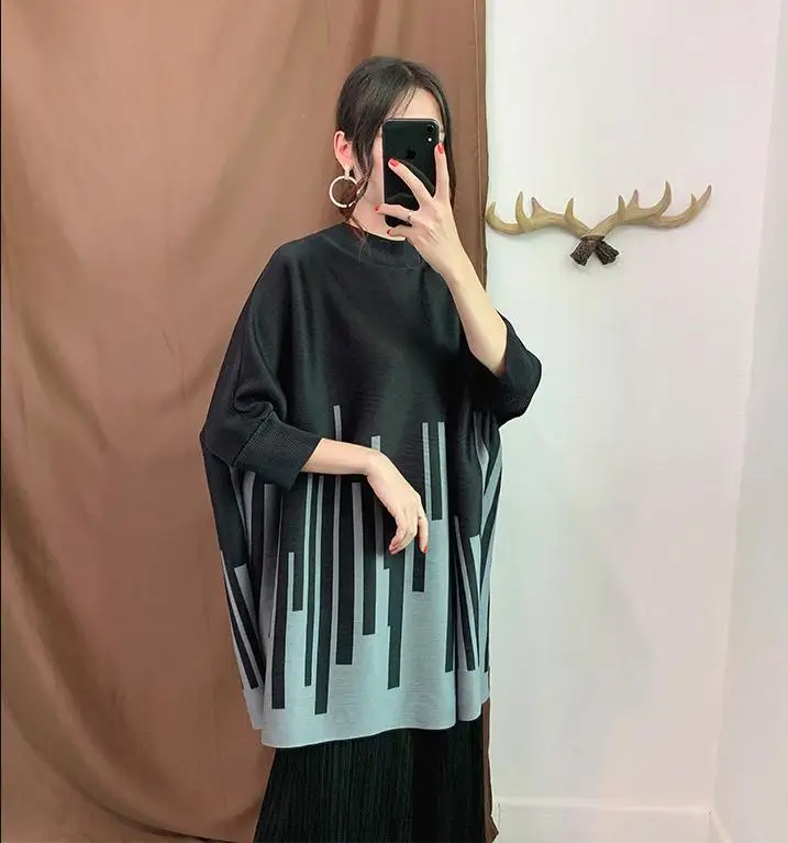 Miyake/плиссированный пуловер с высоким воротником; Новинка осени; свободная плиссированная футболка большого размера толстый сестер; джемпер;