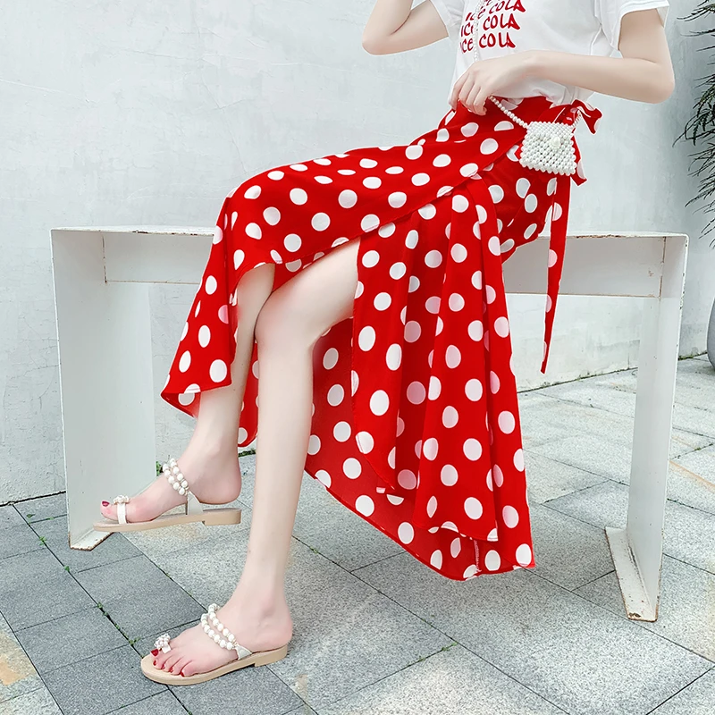 

Skirts Womens Big Wave Point Red Skirt Female 2019 Summer New One-piece Wrap Sexy Skirt Floral A-line Skirt Chiffon Long Skirt