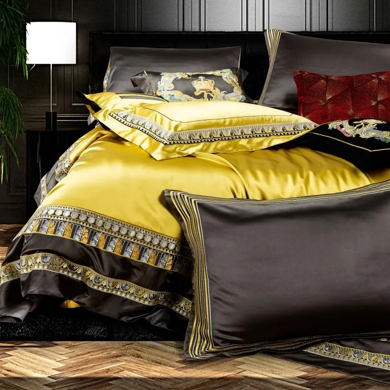 Egyptian Cotton Luxury Satin Jacquard Embroidery Golden Bedding set