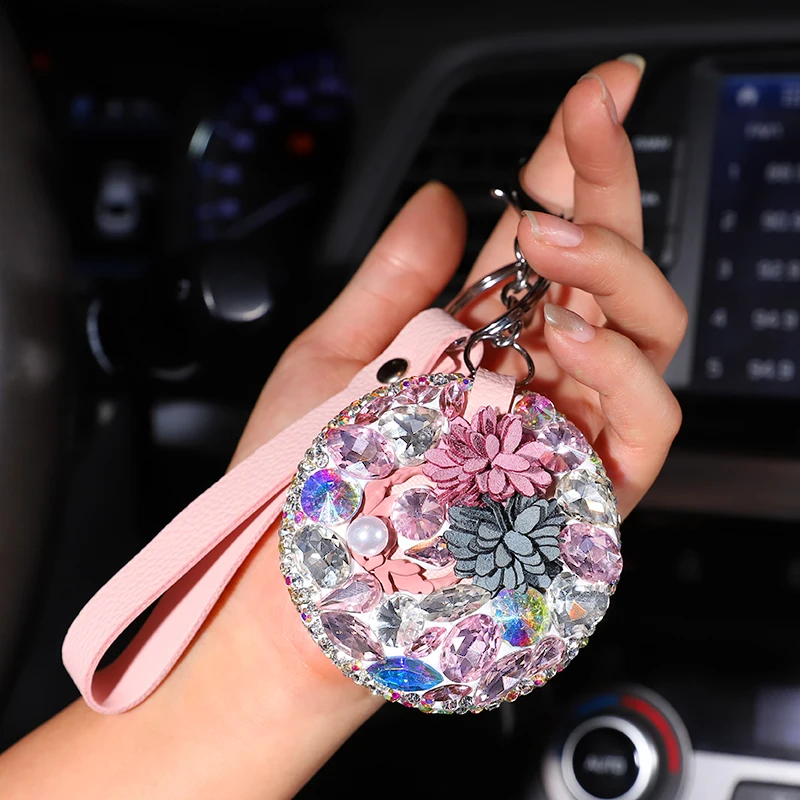 

Lovely Makeup Mirror Pendant Flowery Car Keychain Key Ring with Crystals for Women Girl Nice Gift