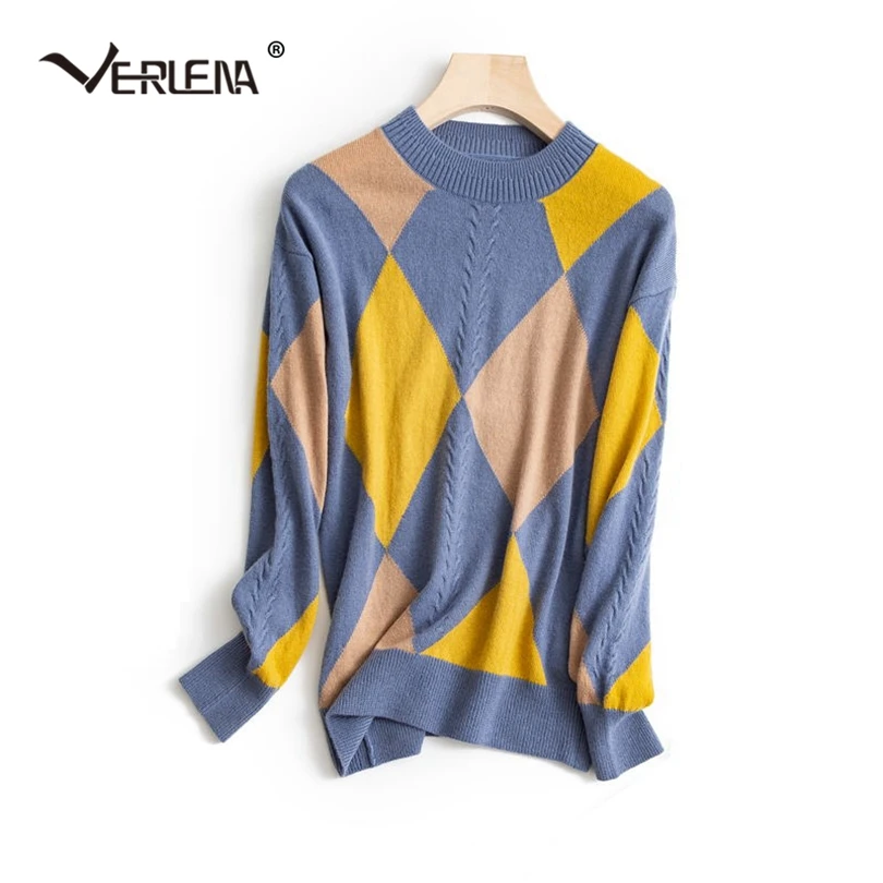 Синий Verlena Argyle высококачественный кашемировый джемпер Повседневный свитер женская одежда с круглым вырезом длинный рукав английский стиль Вязаный Пуловер Осень - Цвет: Синий