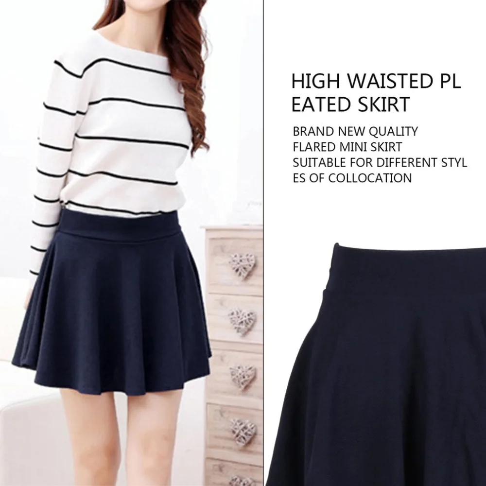 Unique High Waist Stretch Women Mini Pleated Skirts Casual Cotton Flared Pleated High Waisted Casual Skirt 2019 Fashion Blue Unique High Waist Stretch Women Mini Pleated Skirts Casual Cotton Flared Pleated High Waisted Casual Skirt 2019 Fashion Blue