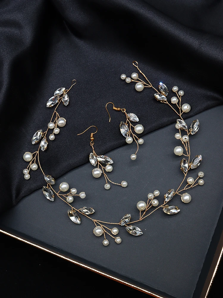 Golden Wedding Hair Accessories Headbands and Earrings Set for Bride Headdresses Rhinestone Pearls Handmade
