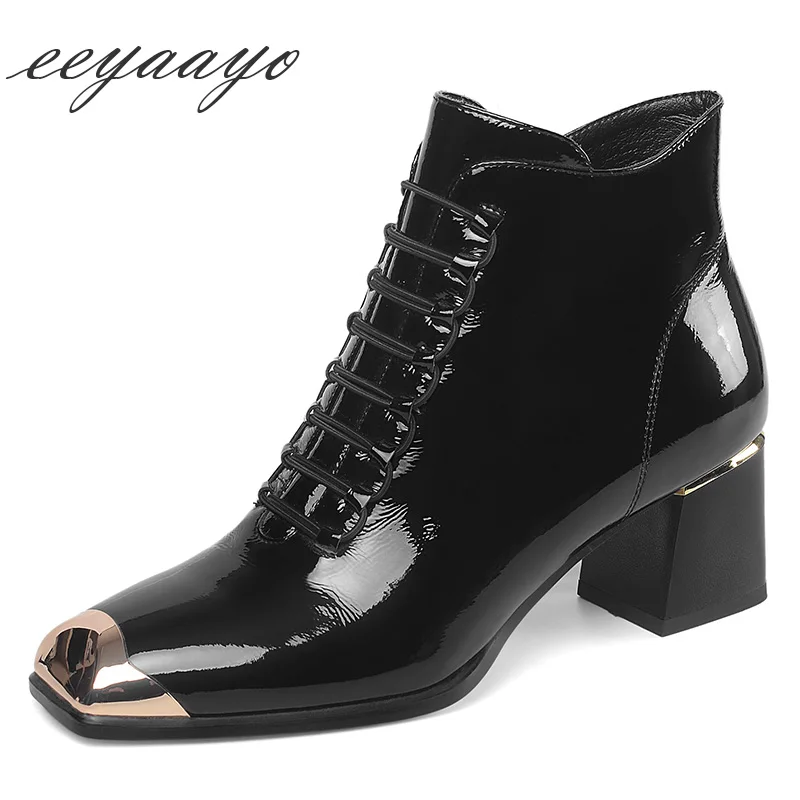 

2019 New Winter Genuine leather Women Ankle Boots High Heel Square Toe Solid Lace-Up Zip Metal Fashion Women Shoes Black Boots