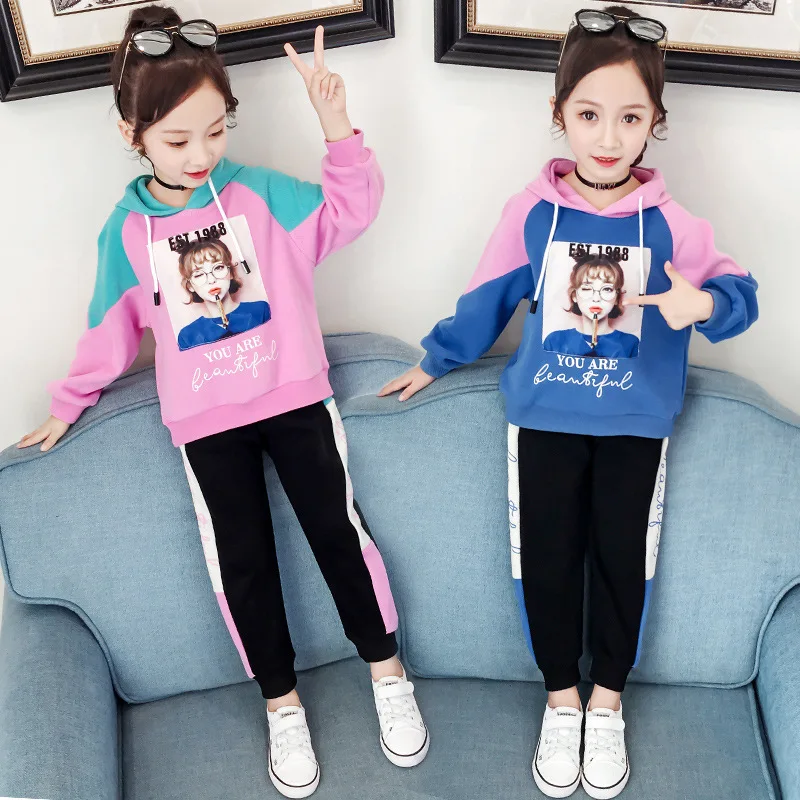 

2019 New Style Casual Wind Set Girls Autumn Clothing Big Boy Children Korean-style Western Style Glasses GIRL'S Two-Piece Set Fa