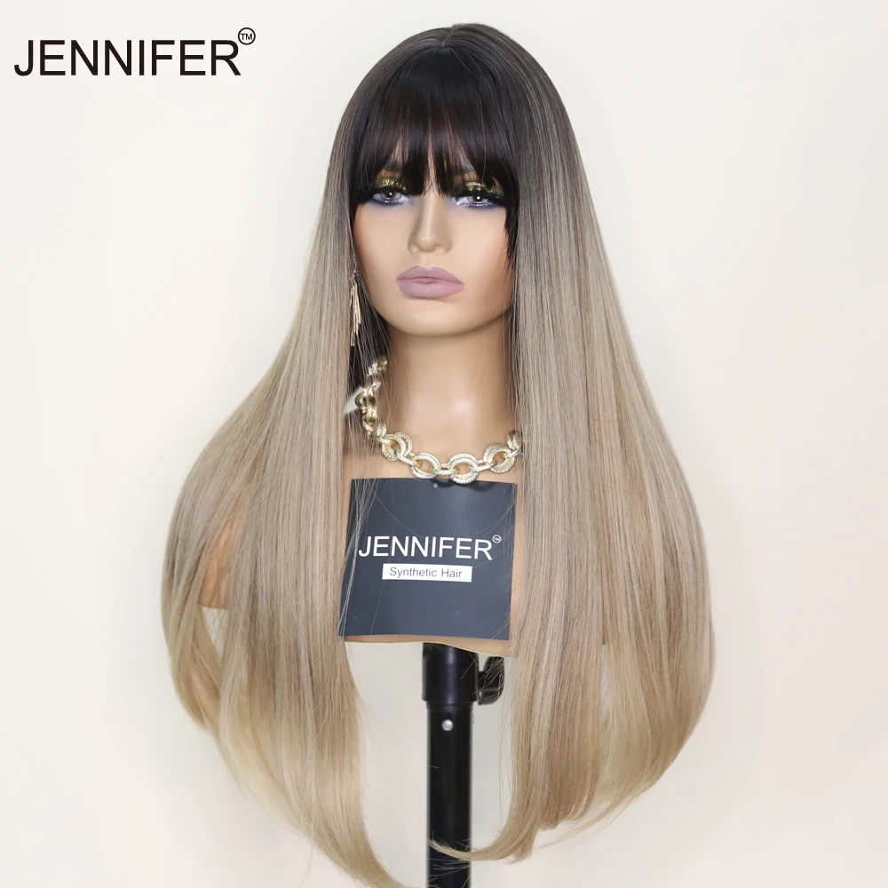 

Synthetic Wigs For Women Light tea three-color gradient Long Straight Wig with bangs Heat Resistant Fiber Full Mechanism wigs