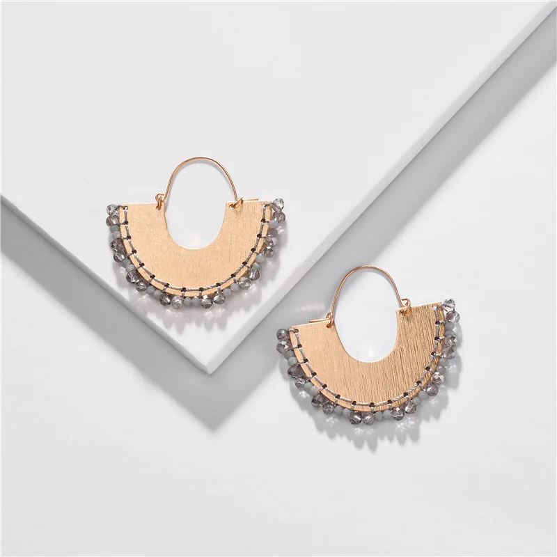Gold Color Cryatsl Beads Earrings for Women Unique Fan Shaped Handmade Earring Bohemian Delicate Earing Wedding Jewelry