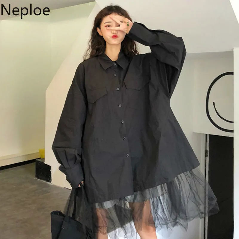 

Neploe Korean Harajuku Style Lace Patchwork Blouse Women Loose Wild Black Camisas Mujer Pocket Student Autumn Blusas 46065