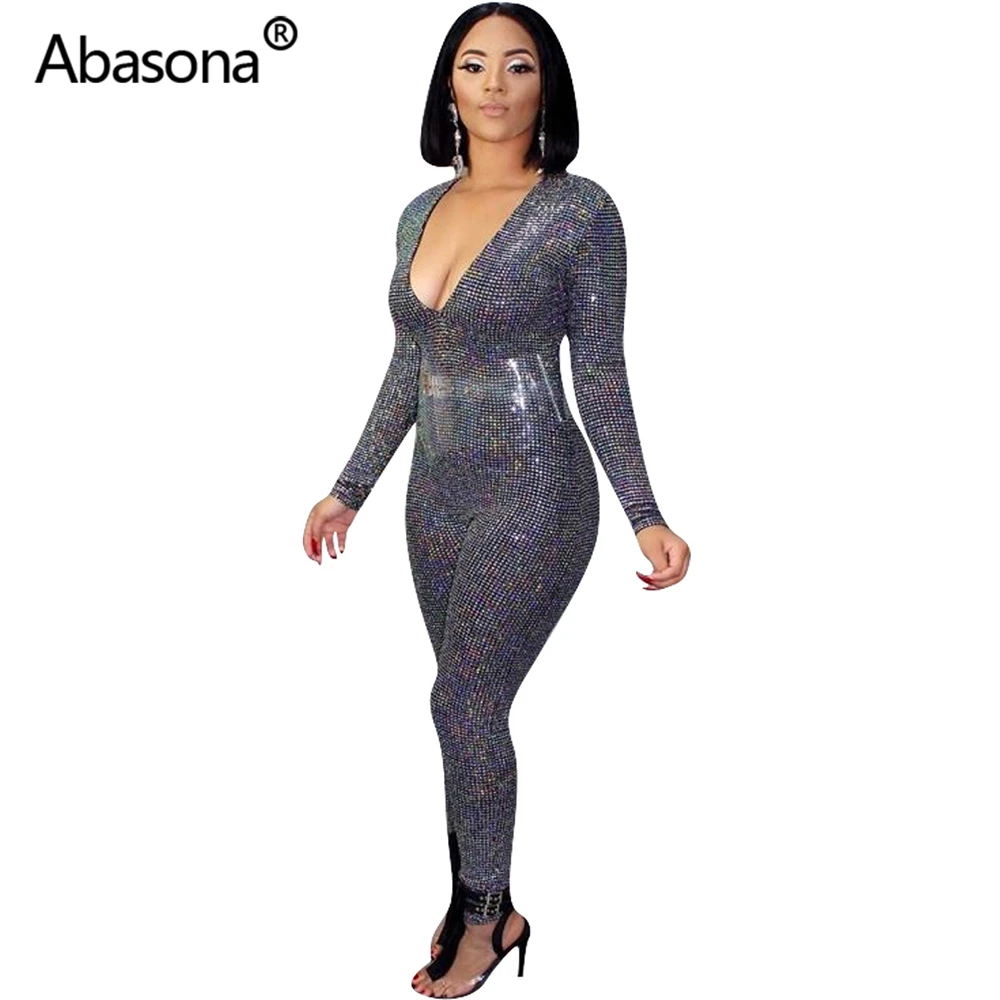 Abasona, женский зимний комбинезон, осенний, полный рукав, v-образный вырез, с блестками, с дырками, для улицы, высокая талия, сексуальный комбинезон для ночного клуба, вечерние костюмы