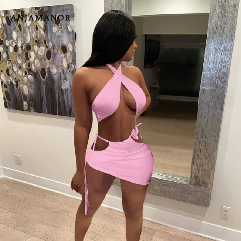 ANJAMANOR-trajes de Club Sexy para mujer, Falda corta cruzado y Top corto, trajes, conjunto de 2 piezas, D9-CZ28, 2021