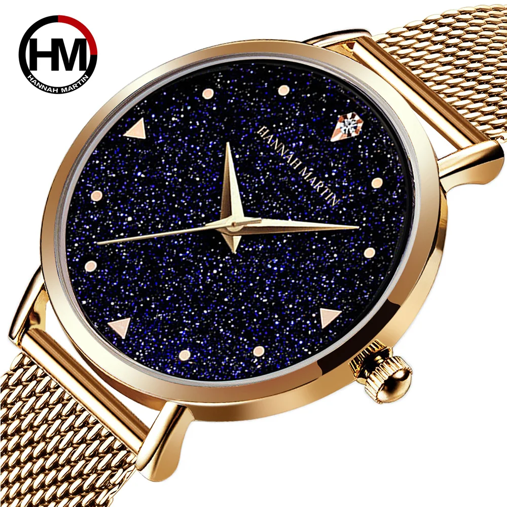 

Japan Quartz Movement Stainless Steel Mesh Band Watch Golden Ladies Wristwatches Flash Night Stars Face New Watches For Women