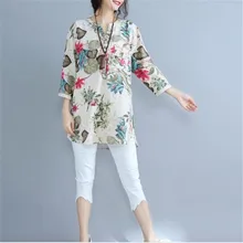 HXYZ Национальный стиль женские осенние новые винтажные рубашки из хлопка и льна тонкие удобные мягкие с v-образным вырезом свободные с принтом топы с рукавами 3/4