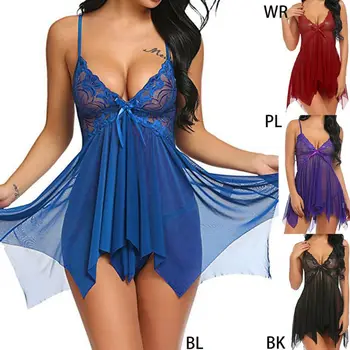 

Womens Plus Size Erotic V-Neck Babydoll Lingerie Dress Floral Lace Patchwork Front Split Nightgown Bowknot See Through Sleepwear