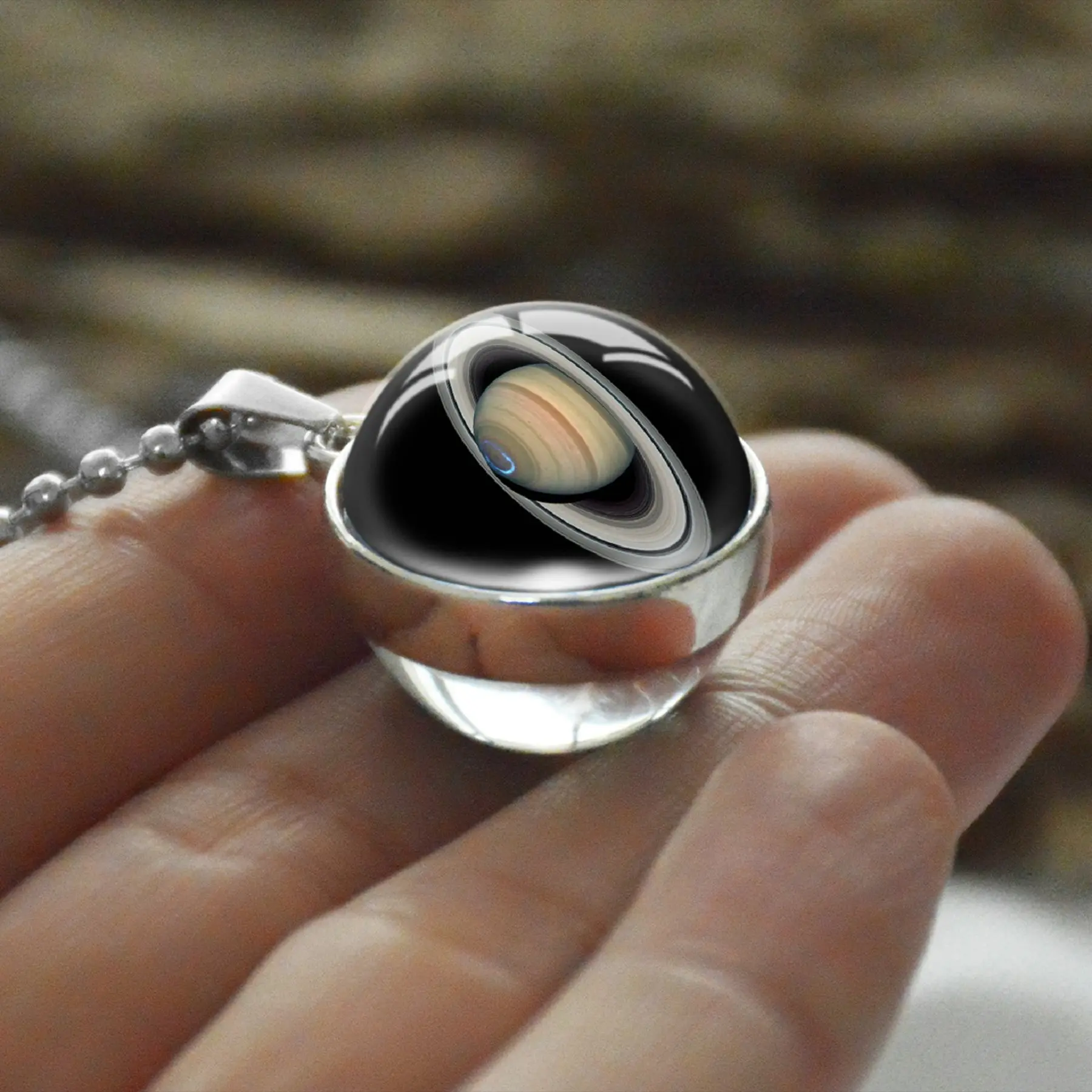 Двухбоковое ожерелье Сатурн с подвеской Galaxy Space Titan стеклянный шар серебряного