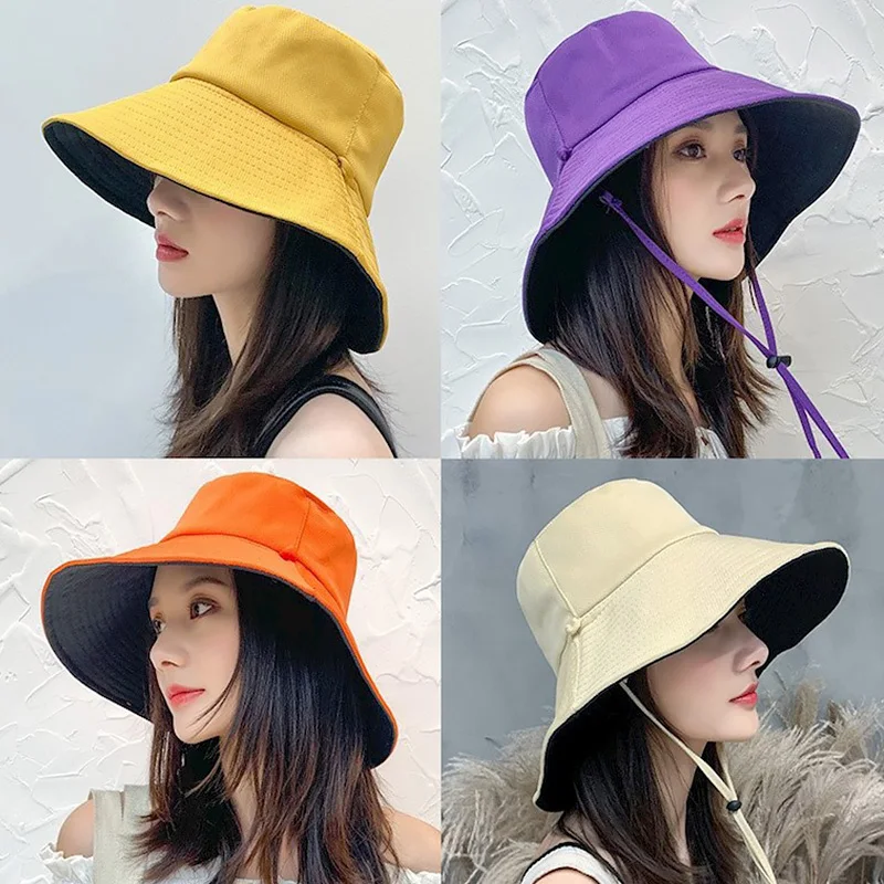 Double-Sided Ladies Wide Brim Sun Hat With String Women Uv Protection  Female Outdoor Fisherman Cap Fold Summer Beach Bucket Hat