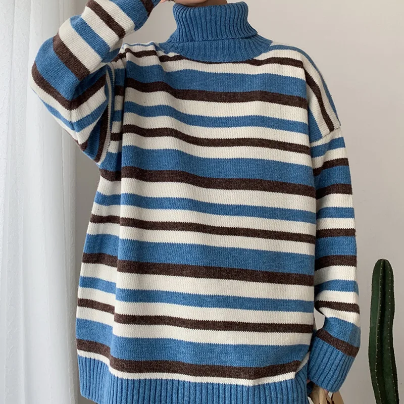 Winter High Collar Sweater Men Warm Fashion Sweter Contrast Color Casual Striped Knit Sweaters Man Long Sleeve Pullover Men Winter High Collar Sweater Men Warm Fashion Sweter Contrast Color Casual Striped Knit Sweaters Man Long Sleeve Pullover Men