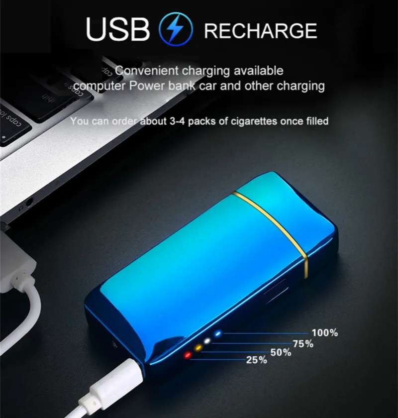 Electric Lighter Blue USB Rechargeable Lighter Flameless Touch Sensor Dual Arc Windproof Lighter with Power Indicator and USB Cable