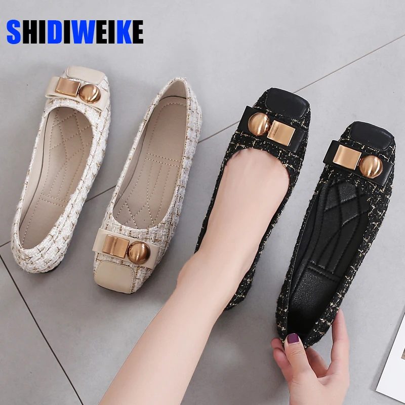 Square Toe Flats Shoes Women Slip On Loafers Comfortable Ballet Women Flat  Shoes Metal Button Shoe Size 35-43 Zapatillas Mujer
