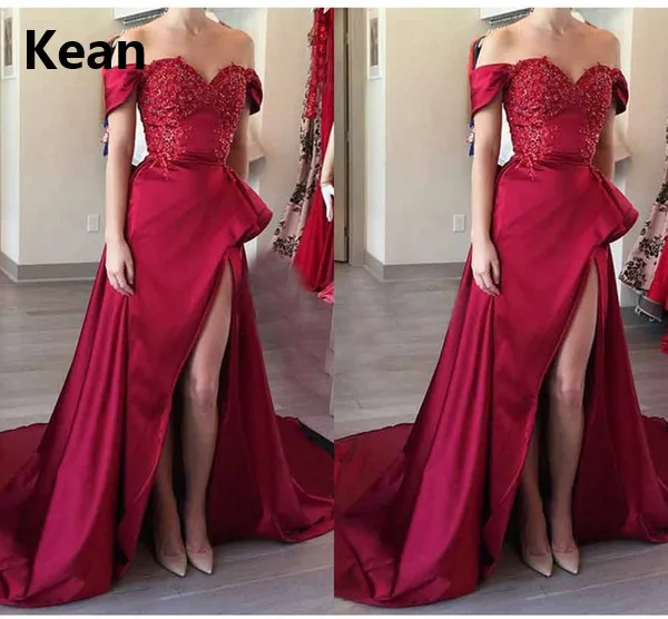 

New Arrival Red Off the Shoulder Muslim Evening Dress Satin A-Line Slit Islamic Dubai Kaftan Saudi Arabic Prom Dress Custom Made
