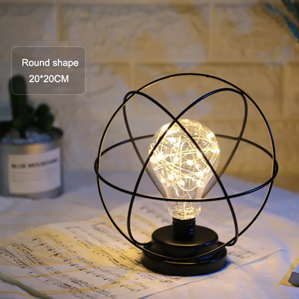 Нордическая Ретро Настольная лампа черный железный минималистичный медный провод ночник креативный 3D винтажный кованый железный светильник на батарейках - Цвет абажура: round shape