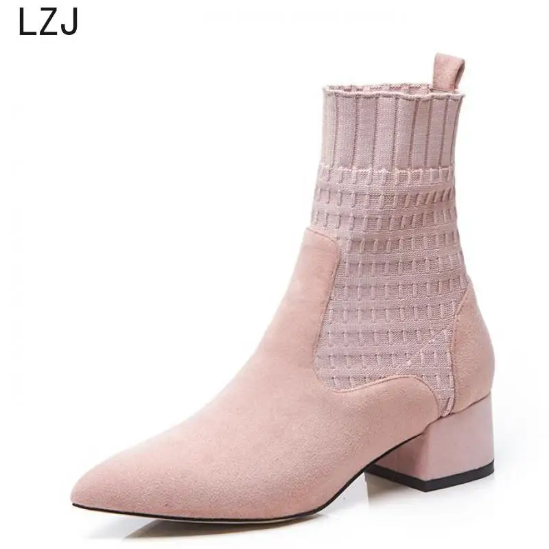 Tanie 2019 buty damskie Pointed Toe przędza elastyczny gruby obcas wysokie obcasy buty kobieta kobieta skarpetki knitting botki różowe buty czarne
