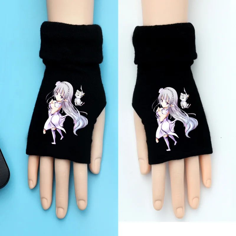 Re Life In A Different World Rem Ram Knitting Gloves Cotton Warm Half Finger Wrist Mittens Cosplay Prop Accessories Gift Winter