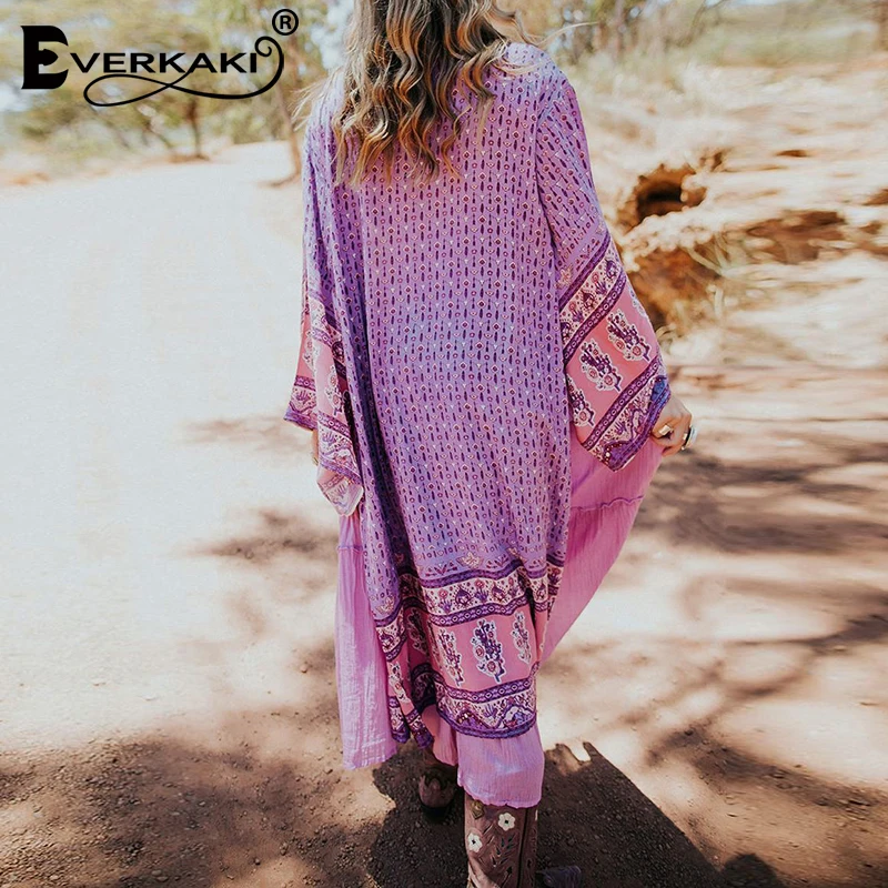 Everkaki Boho пальто кимоно женское с поясом осеннее длинное цветочным принтом