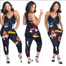 Summer Ladies Sling V-neck Tube Top Jumpsuit Loose Version Letter Lip Character Pattern Jumpsuit Sports Fashion Casual 2020 New Summer Ladies Sling V-neck Tube Top Jumpsuit Loose Version Letter Lip Character Pattern Jumpsuit Sports Fashion Casual 2020 New