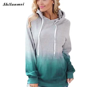 

2019 Autumn Winter Women Hoodies Sweatshirts Gradient Print Long Sleeve Pullover Patchwork Causal Drawstring Female Hoodies Tops