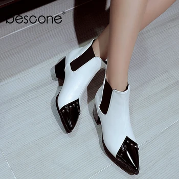 

BESCONE Stylish Ladies Ankle Boots Handmade Pointed Toe Metal Decoration Square Heel Shoes Slip-On High Heel Women Boots BM104